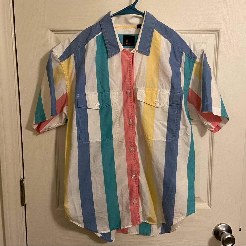 Vintage Liz Sport Striped Button Up / Down Short Sleeve Top Size Small